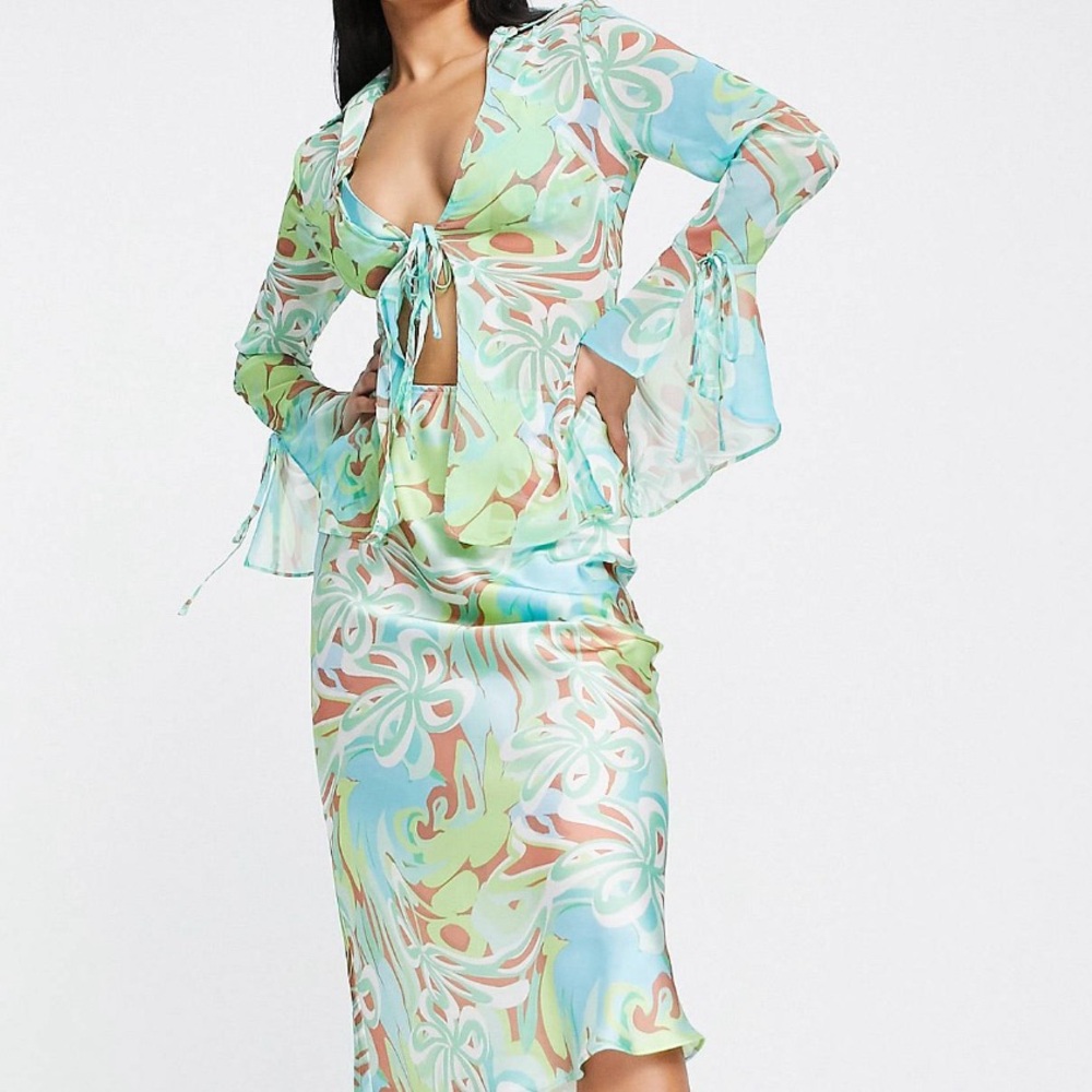 ASOS DESIGN: BLUE GREEN BROWN SATIN SKIRT/BRA, CHIFFON SHIRT SIZE 14 NEVER WORN